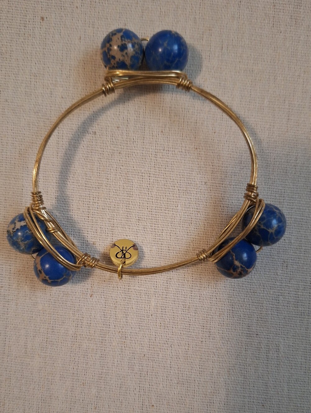 Alex and Ani Gold-Tone Bangle with Blue Marbled Beads